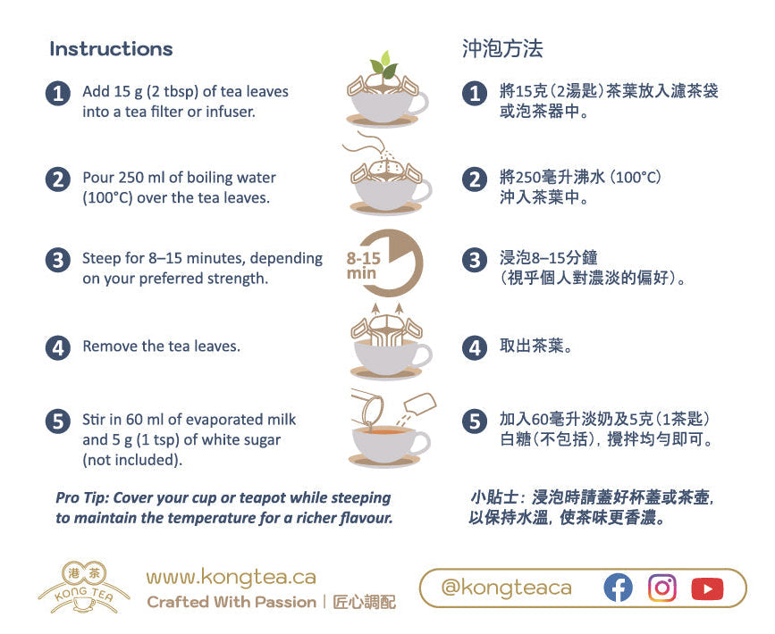 Instruction sheet for Hong Kong Milk Tea in English and Chinese, detailing how to steep with step-by-step directions.